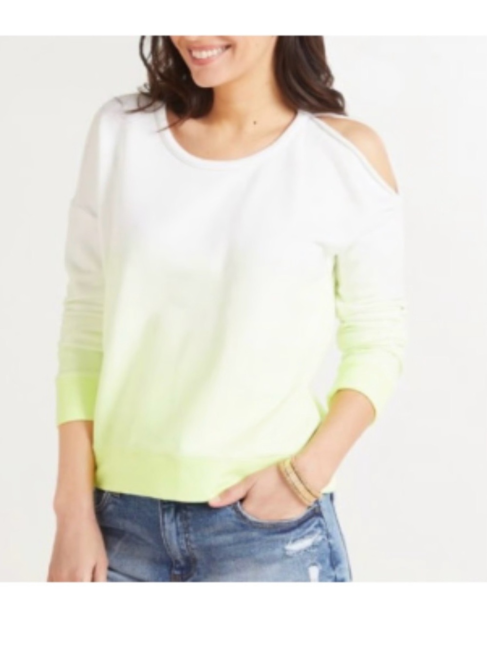 Chaser Women’s Cold-Shoulder Ombre Sweatshirt in Neon yellow  White